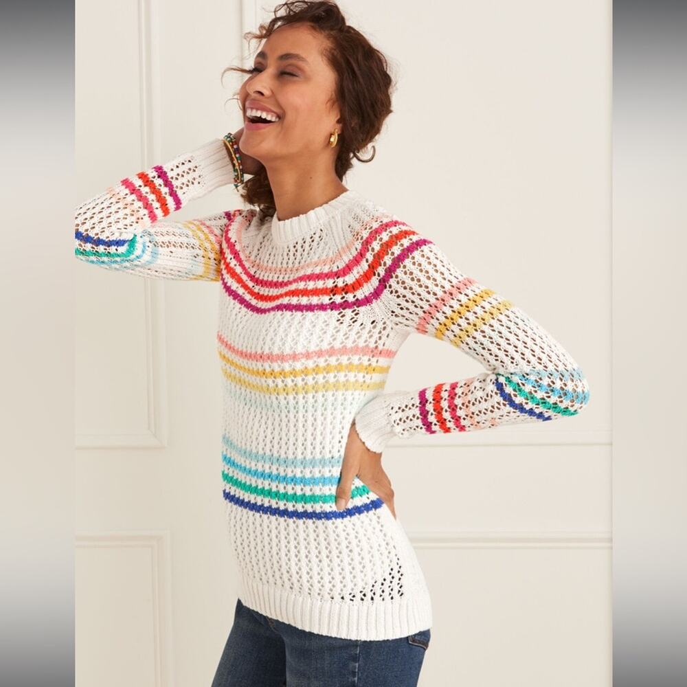 Talbots | NWT Size Small Petite Rainbow Open Stitch Raglan Happy Stripe Sweater